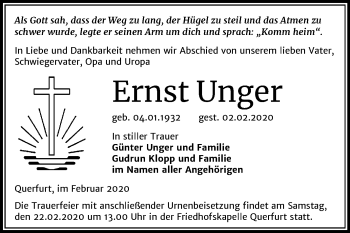 Traueranzeige von Ernst Unger von Wochenspiegel Merseburg/Querfurt