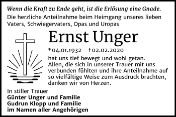 Traueranzeige von Ernst Unger von Super Sonntag Merseburg/Querfurt