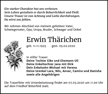 Traueranzeige von Erwin Thärichen von Wochenspiegel Bitterfeld