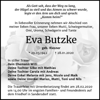 Traueranzeige von Eva Butzke von Mitteldeutsche Zeitung Bitterfeld