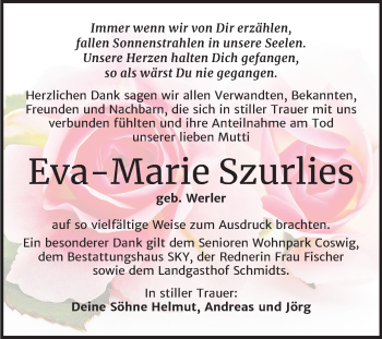 Traueranzeige von Eva-Marie Szurlies von Super Sonntag Wittenberg