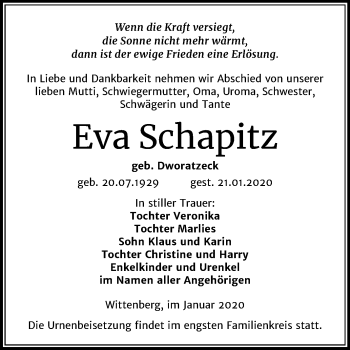 Traueranzeige von Eva Schapitz von Mitteldeutsche Zeitung Wittenberg