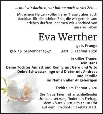 Traueranzeige von Eva Werther von Super Sonntag Wittenberg