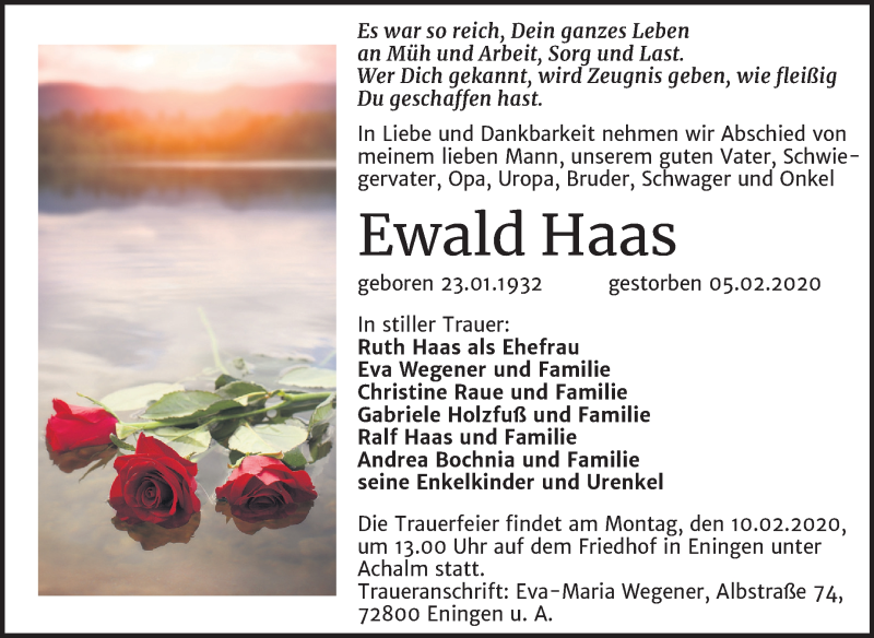  Traueranzeige für Ewald Haas vom 08.02.2020 aus Mitteldeutsche Zeitung Quedlinburg