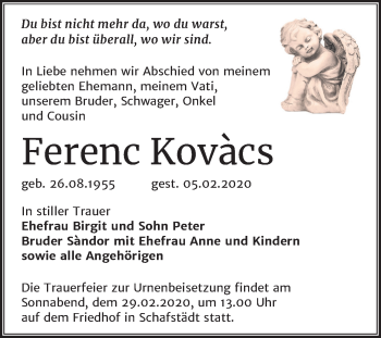 Traueranzeige von Ferenc Kovàcs von Super Sonntag Merseburg/Querfurt