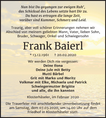 Traueranzeige von Frank Baierl von Wochenspiegel Naumburg/Nebra