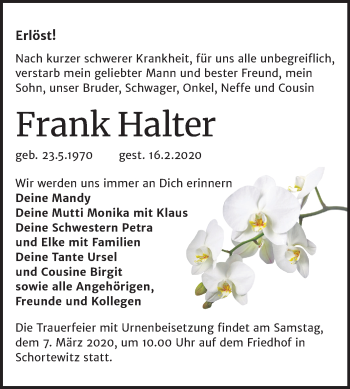Traueranzeige von Frank Halter von Mitteldeutsche Zeitung Köthen