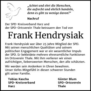 Traueranzeige von Frank Hendrysiak von Wochenspiegel Quedlinburg