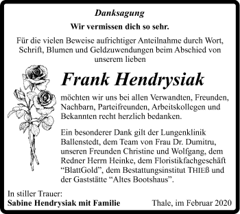 Traueranzeige von Frank Hendrysiak von Super Sonntag Quedlinburg