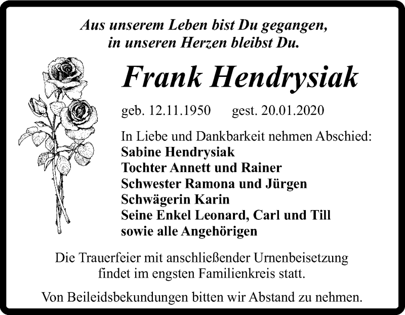  Traueranzeige für Frank Hendrysiak vom 01.02.2020 aus Mitteldeutsche Zeitung Quedlinburg