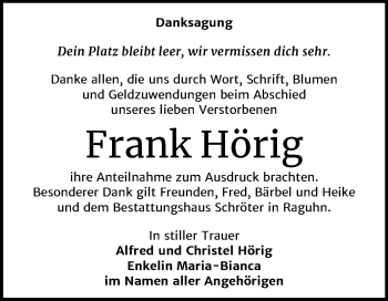 Traueranzeige von Frank Hörig von Mitteldeutsche Zeitung Bitterfeld
