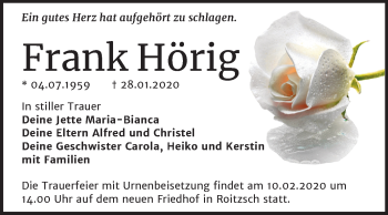 Traueranzeige von Frank Hörig von Wochenspiegel Bitterfeld