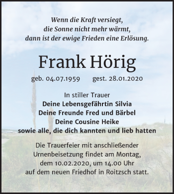 Traueranzeige von Frank Hörig von Wochenspiegel Bitterfeld