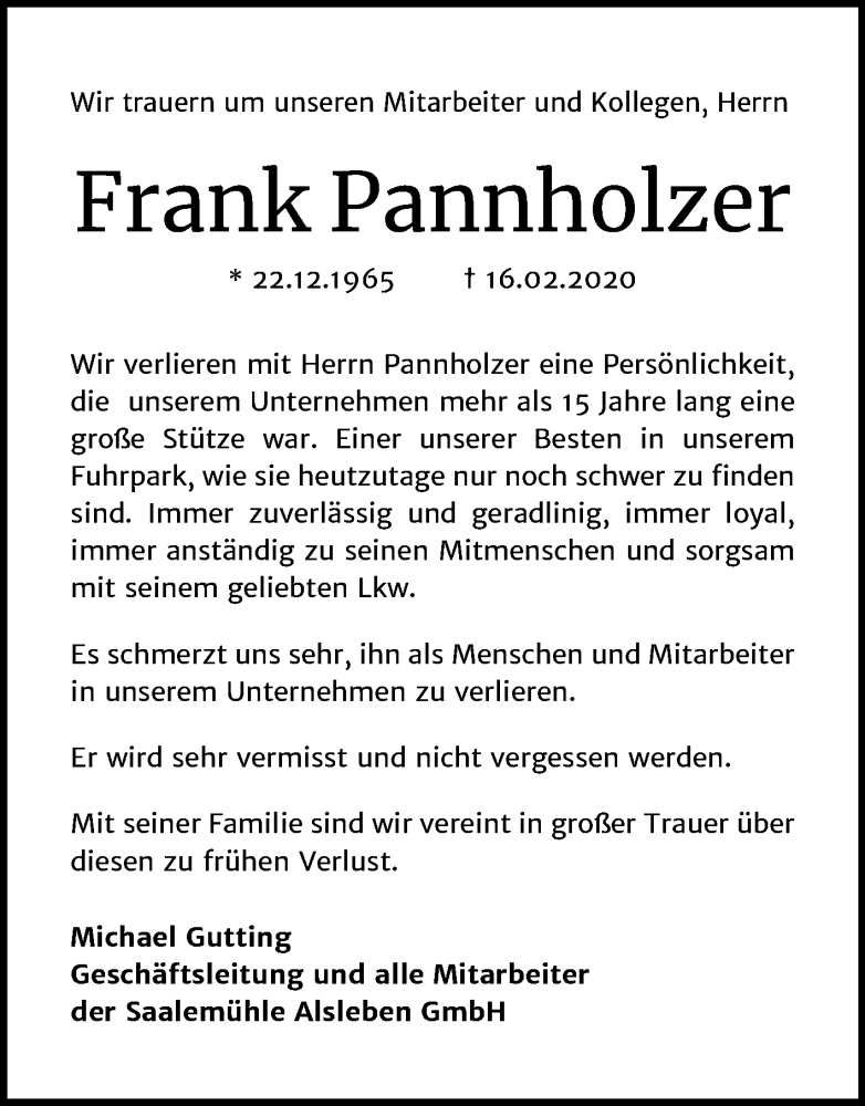  Traueranzeige für Frank Pannholzer vom 29.02.2020 aus Super Sonntag Mansfelder Land