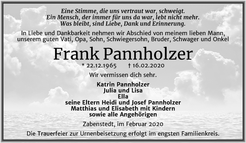  Traueranzeige für Frank Pannholzer vom 26.02.2020 aus Wochenspiegel Mansfelder Land