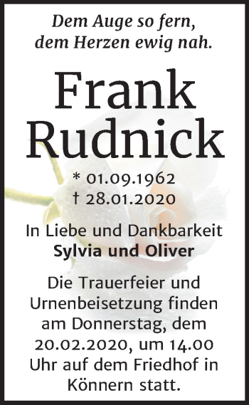 Traueranzeige von Frank Rudnick von Super Sonntag Bernburg