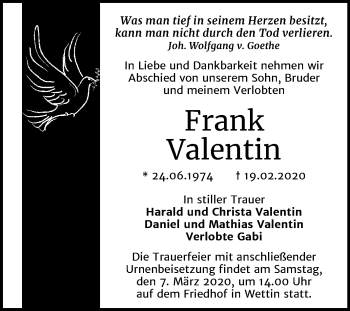 Traueranzeige von Frank Valentin von Mitteldeutsche Zeitung Halle/Saalkreis