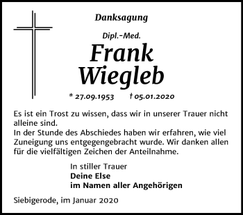 Traueranzeige von Frank Wiegleb von Mitteldeutsche Zeitung Mansfelder Land / Sangerhausen
