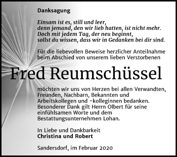 Traueranzeige von Fred Reumschüssel von Wochenspiegel Bitterfeld