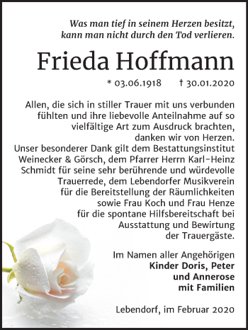 Traueranzeige von Frieda Hoffmann von Mitteldeutsche Zeitung Bernburg