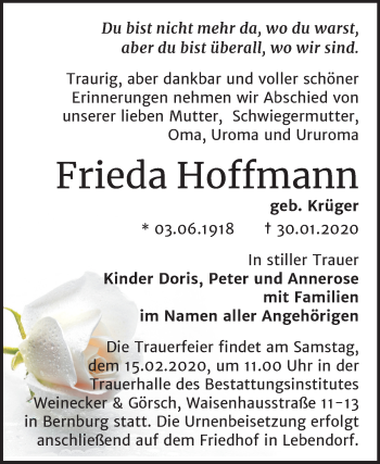 Traueranzeige von Frieda Hoffmann von Mitteldeutsche Zeitung Bernburg