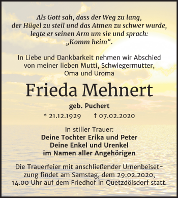 Traueranzeige von Frieda Mehnert von Mitteldeutsche Zeitung Bitterfeld