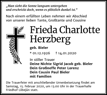 Traueranzeige von Frieda Charlotte Herzberg von Mitteldeutsche Zeitung Halle/Saalkreis