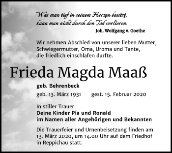 Traueranzeige von Frieda Magda Maaß von Mitteldeutsche Zeitung Köthen