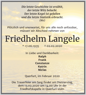 Traueranzeige von Friedhelm Langele von Wochenspiegel Merseburg/Querfurt