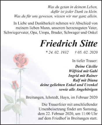 Traueranzeige von Friedrich Sitte von Mitteldeutsche Zeitung Sangerhausen