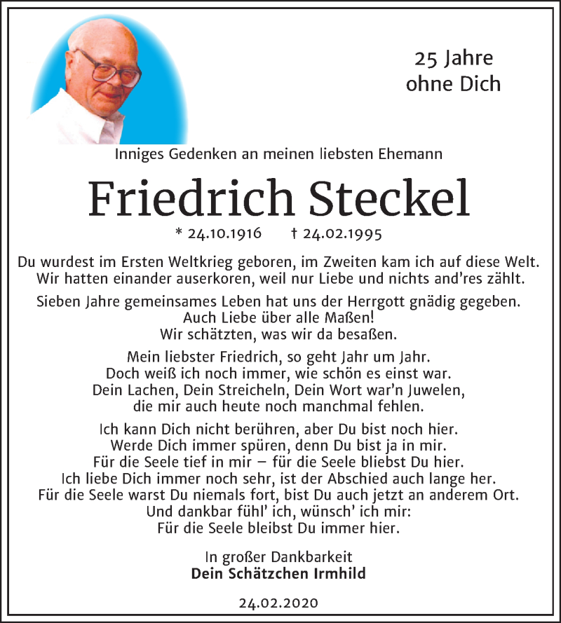  Traueranzeige für Friedrich Steckel vom 24.02.2020 aus Mitteldeutsche Zeitung Halle/Saalkreis