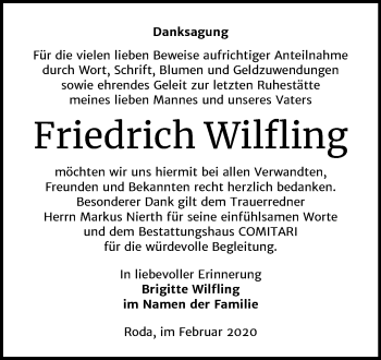 Traueranzeige von Friedrich Wilfling von Super Sonntag Zeitz