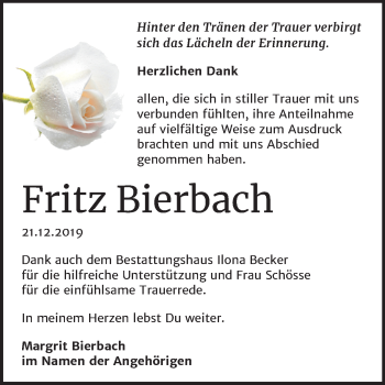 Traueranzeige von Fritz Bierbach von Mitteldeutsche Zeitung Sangerhausen
