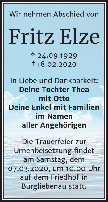 Traueranzeige von Fritz Elze von Super Sonntag Merseburg/Querfurt