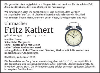 Traueranzeige von Fritz Kathert von Mitteldeutsche Zeitung Naumburg/Nebra