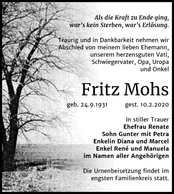 Traueranzeige von Fritz Mohs von Mitteldeutsche Zeitung Bernburg
