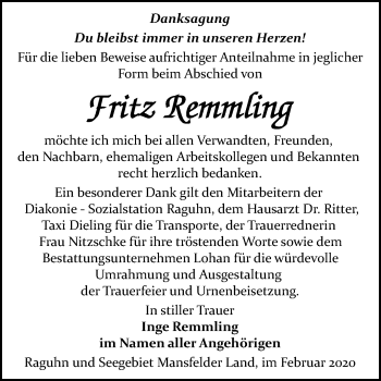 Traueranzeige von Fritz Remmling von Mitteldeutsche Zeitung Bitterfeld