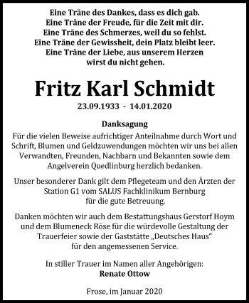 Traueranzeige von Fritz Karl Schmidt von Super Sonntag Aschersleben