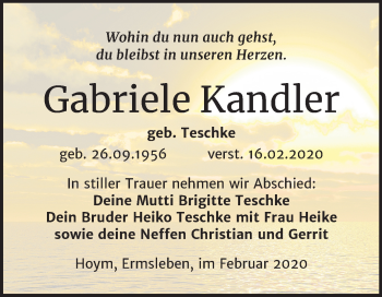 Traueranzeige von Gabriele Kandler von Mitteldeutsche Zeitung Aschersleben