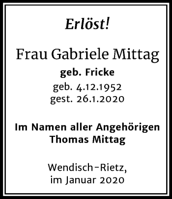 Traueranzeige von Gabriele Mittag von Mitteldeutsche Zeitung Halle/Saalkreis