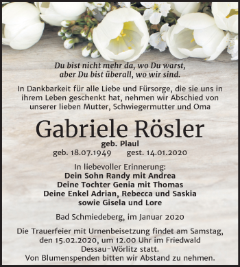 Traueranzeige von Gabriele Rösler von Mitteldeutsche Zeitung Wittenberg