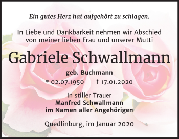 Traueranzeige von Gabriele Schwallmann von Mitteldeutsche Zeitung Quedlinburg