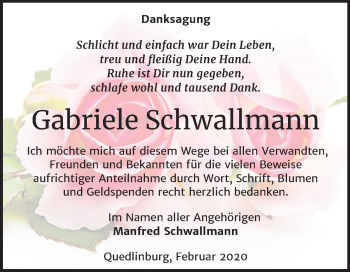 Traueranzeige von Gabriele Schwallmann von Super Sonntag Quedlinburg