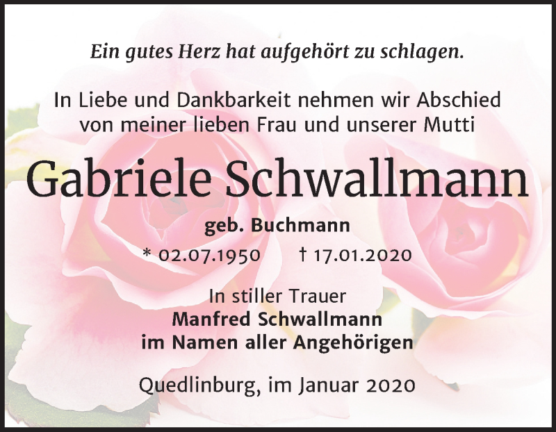  Traueranzeige für Gabriele Schwallmann vom 01.02.2020 aus Super Sonntag Quedlinburg