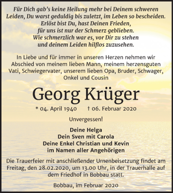 Traueranzeige von Georg Krüger von Mitteldeutsche Zeitung Bitterfeld