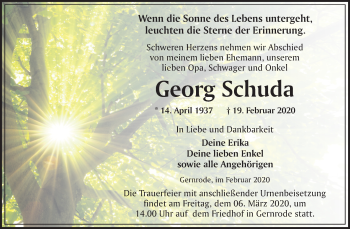 Traueranzeige von Georg Schuda von Super Sonntag Quedlinburg