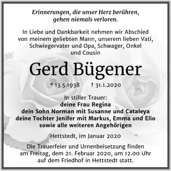 Traueranzeige von Gerd Bügener von Mitteldeutsche Zeitung Mansfelder Land