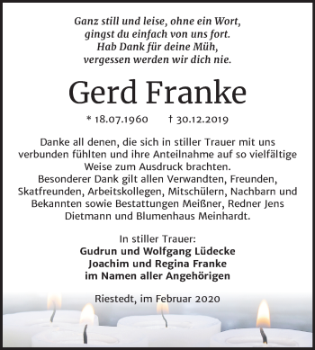 Traueranzeige von Gerd Franke von Super Sonntag Sangerhausen