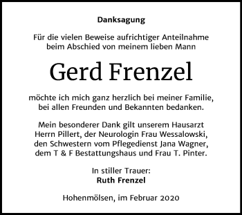 Traueranzeige von Gerd Frenzel von Mitteldeutsche Zeitung Weißenfels