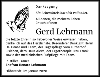Traueranzeige von Gerd Lehmann von Super Sonntag Mansfelder Land